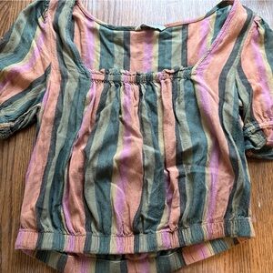 American Eagle Outfitters Striped Peasant Top in Green, Pink & Tan